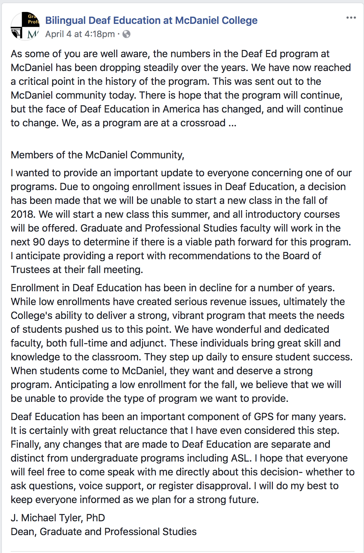 A post by McDaniel College about its Deaf Education program